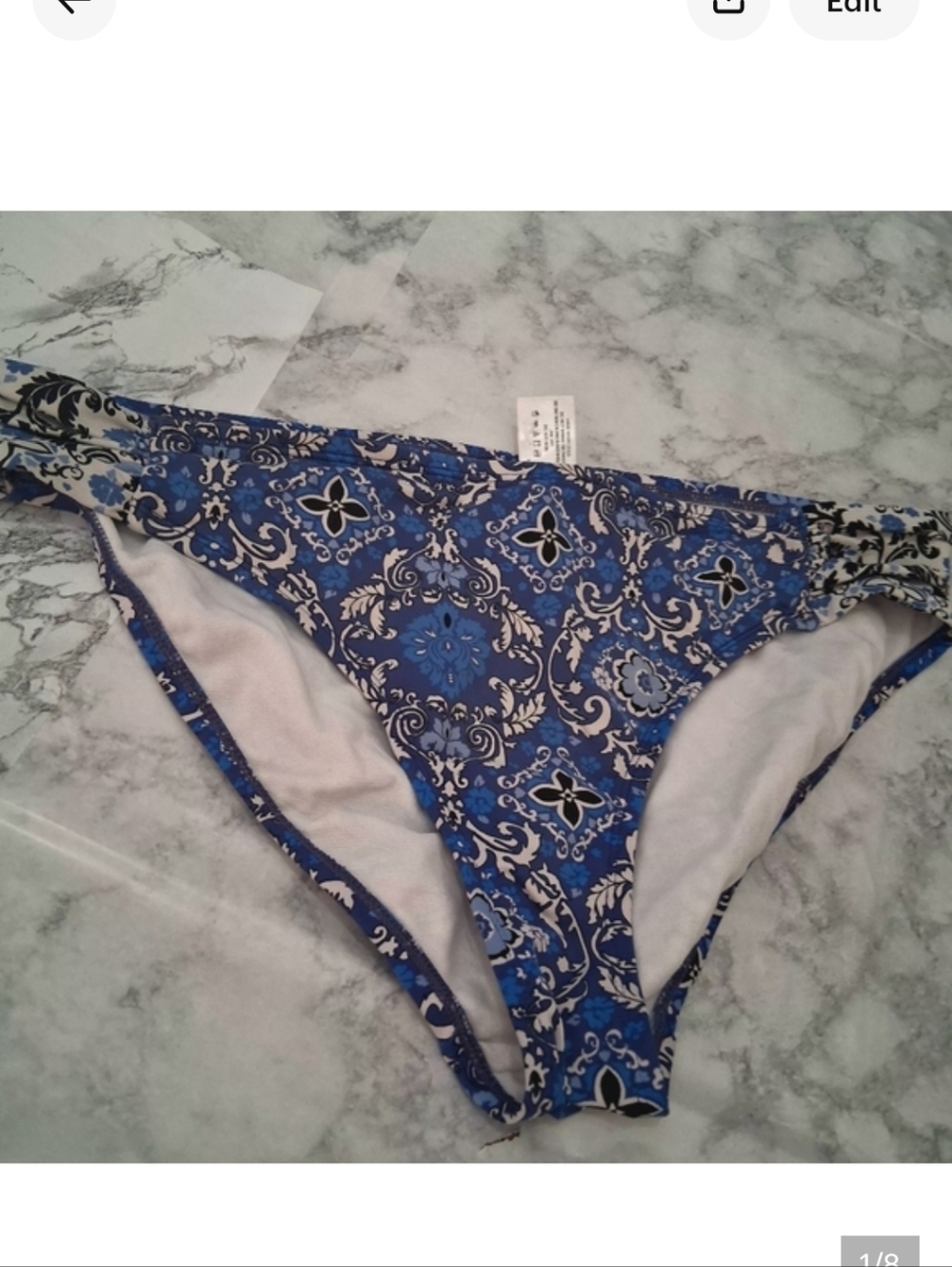 LIZ CLAIBORNE Patterned Blue and White Bikini Bottom Size 12